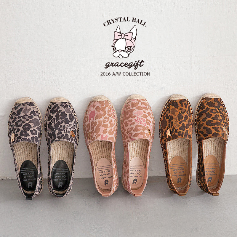 grace gift春夏crystal ball豹纹麻底草编平底鞋渔夫鞋休闲单鞋女