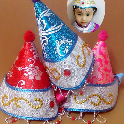 蒙古帽子女儿童舞蹈头饰新款民族风红色公主帽子舞台蒙族帽子小孩_不