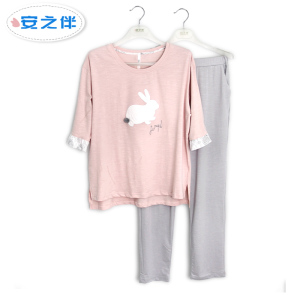 安之伴2018睡衣女春秋纯棉针织套头七分袖全棉家居服套装81d7245