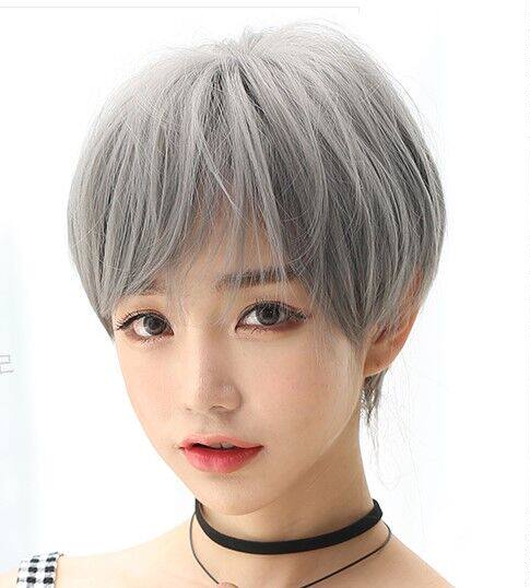 帅气女生短发短直发空气刘海自然黑色棕色奶奶灰色假头发新款假发