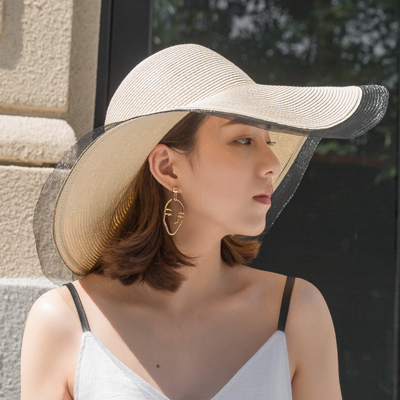 网纱白色大檐草帽女夏防晒遮阳帽波浪边沙滩帽海边度假大沿帽出游