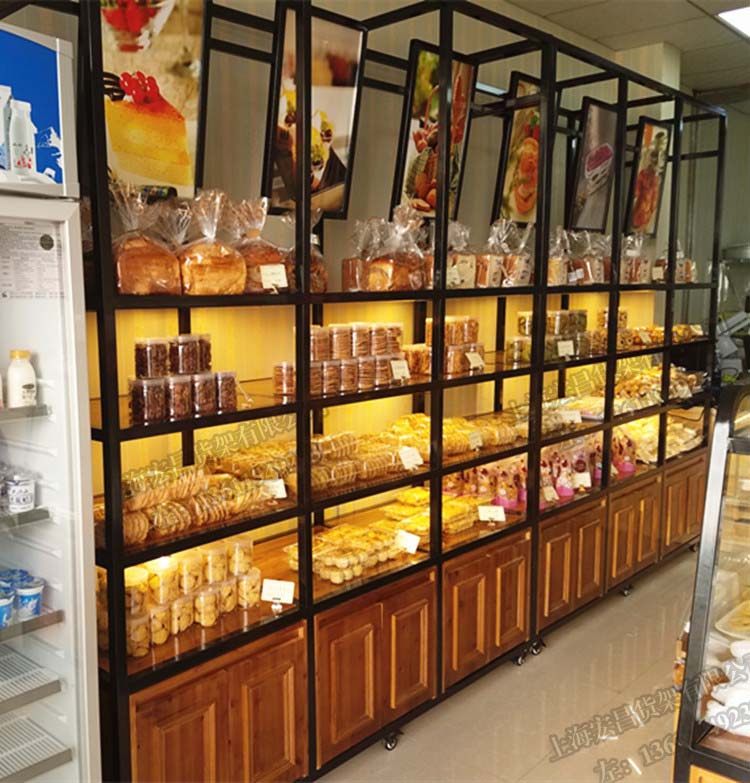 新款实木面包柜台展示柜饼干货架铁艺边岛展示架蛋糕店展柜面包架