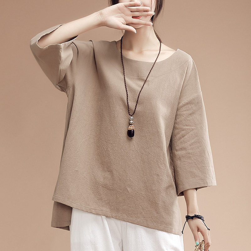 栢芙妍2017新款秋装棉麻上衣女圆领宽松民族风不对称 七分袖t恤女1元