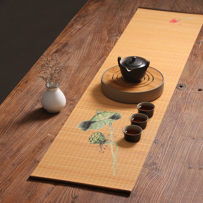 印花竹丝茶席 日式禅意泡茶竹席茶旗竹帘 竹垫子功夫茶盘配件桌旗