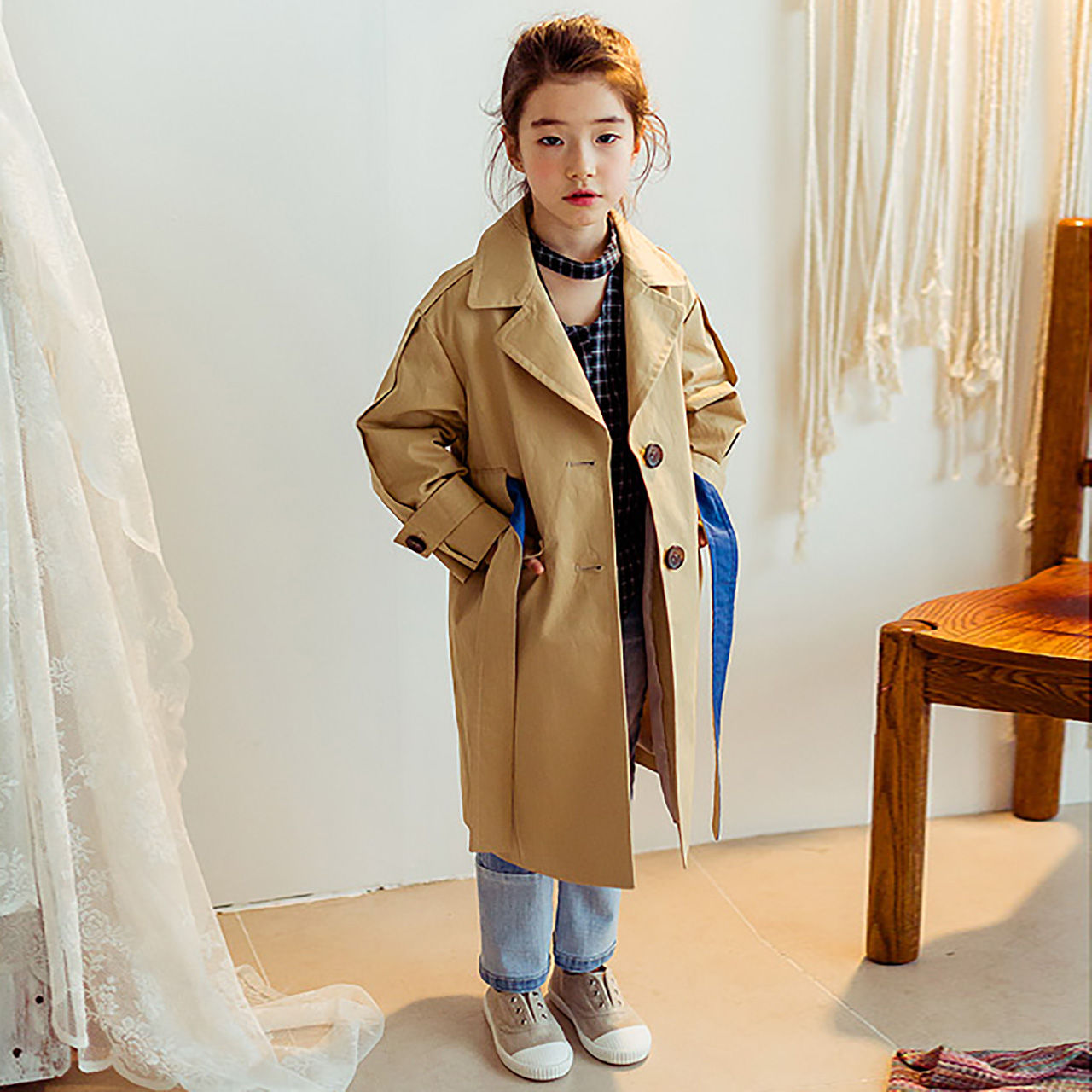 女童春装外套2018新款童装韩版中大儿童纯棉中长款风衣宝宝大衣潮
