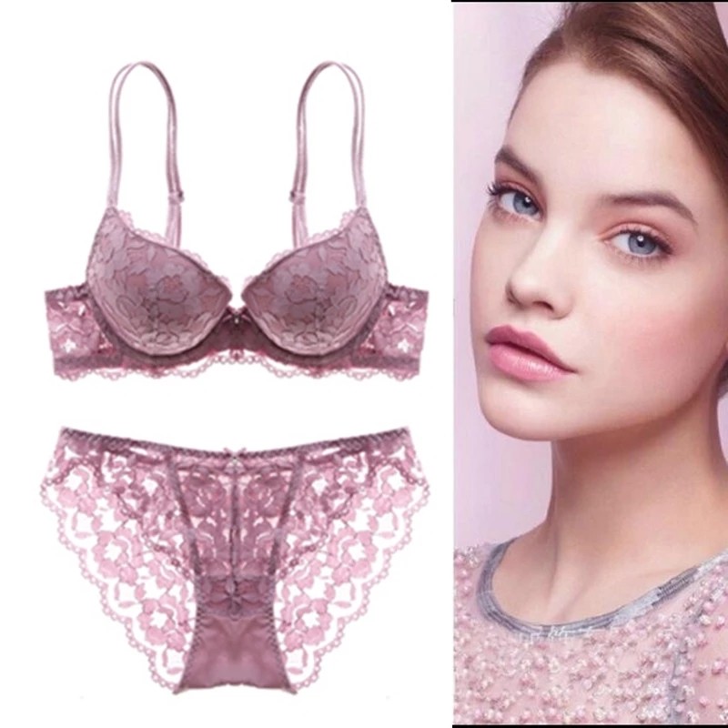 dk性感蕾丝刺绣中厚模杯文胸套装深v小胸显大聚拢透气少女内衣
