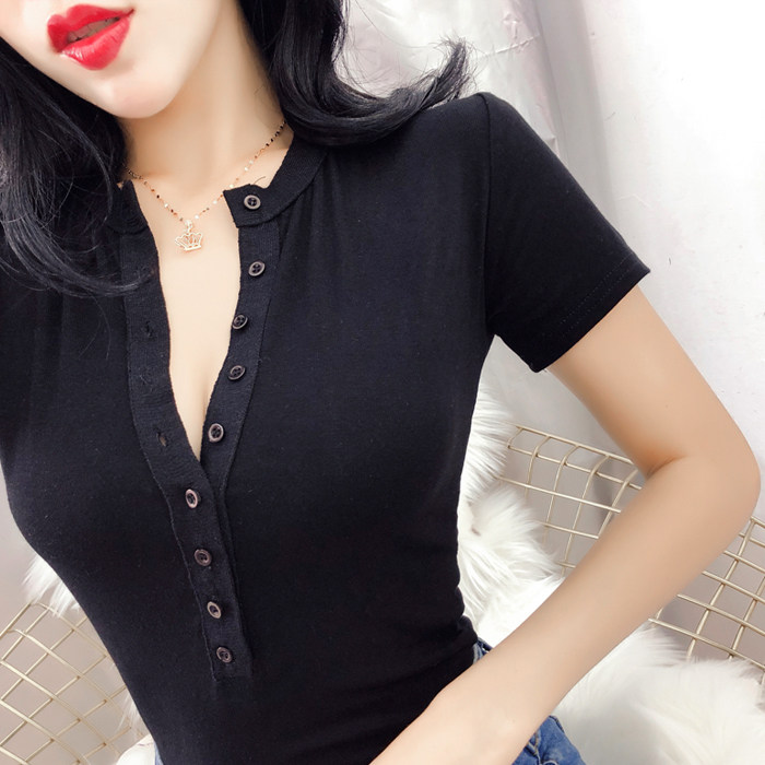 紧身t恤女夏天_紧身成熟深v漏胸上衣t恤女短袖夏天气质性感女神新款