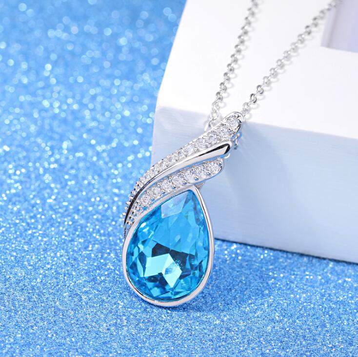 水晶吊坠女 饰品_s925纯银气质天使翅膀蓝色仿水晶吊坠女款简约百搭