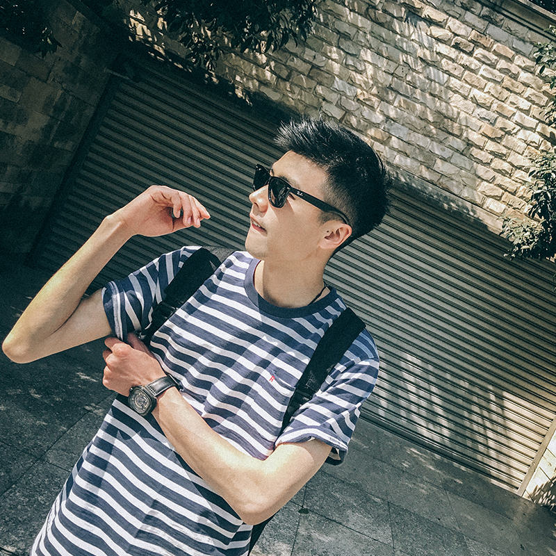 吕小虎男装2018夏季新款韩版小清新条纹短袖t恤学生海魂衫体恤男
