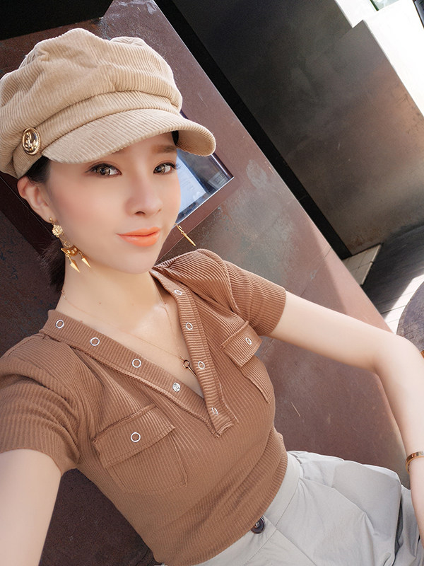 alice&w女夏装2017新款韩版v领简约t恤女 短袖修身针织打底衫上衣