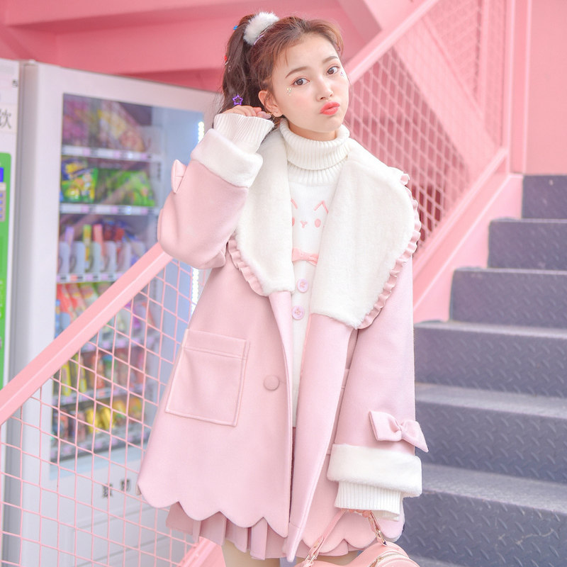 现货原创森女部落少女的礼物甜美粉色毛呢外套2017冬装新款森女系