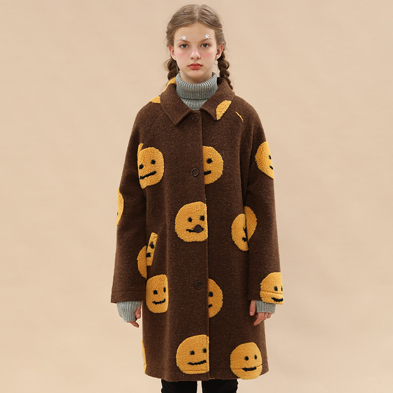 tyakasha塔卡沙公园系列女款咖色笑脸呢子中长款外套ngf83