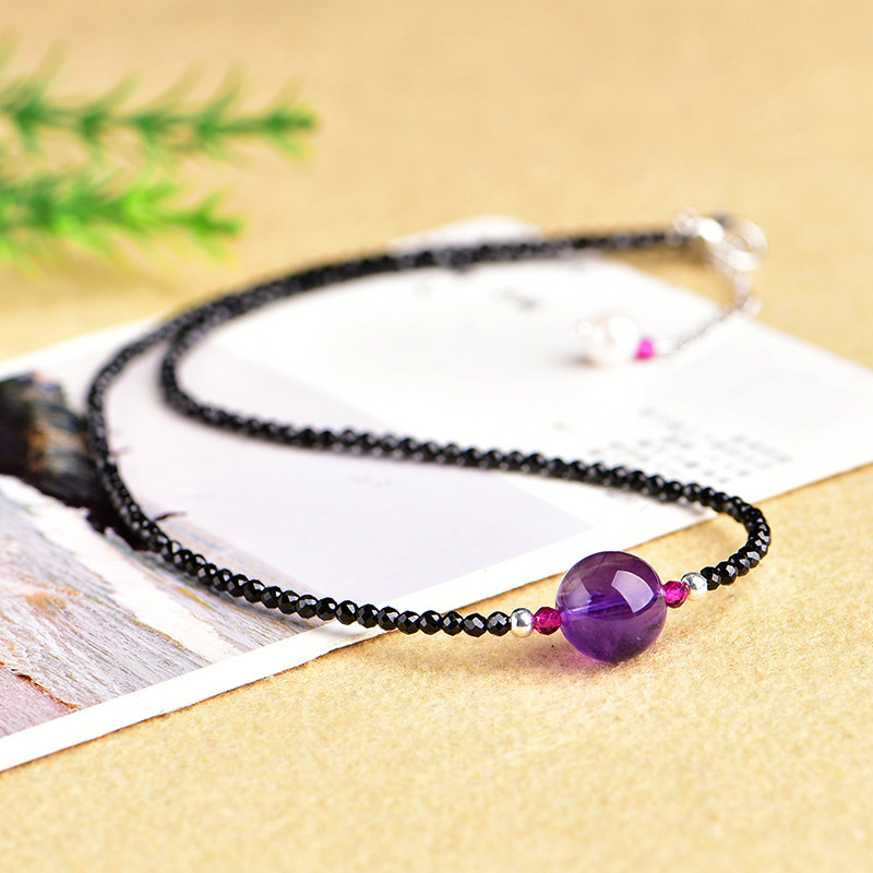 特价水晶链_包邮 天然紫水晶项链 黑尖晶石 项链 锁骨链 吊坠 清仓