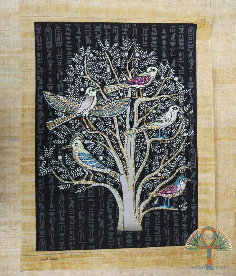 现货埃及特色天然纸莎草树皮装饰手工画无框花鸟生命之树夜光款