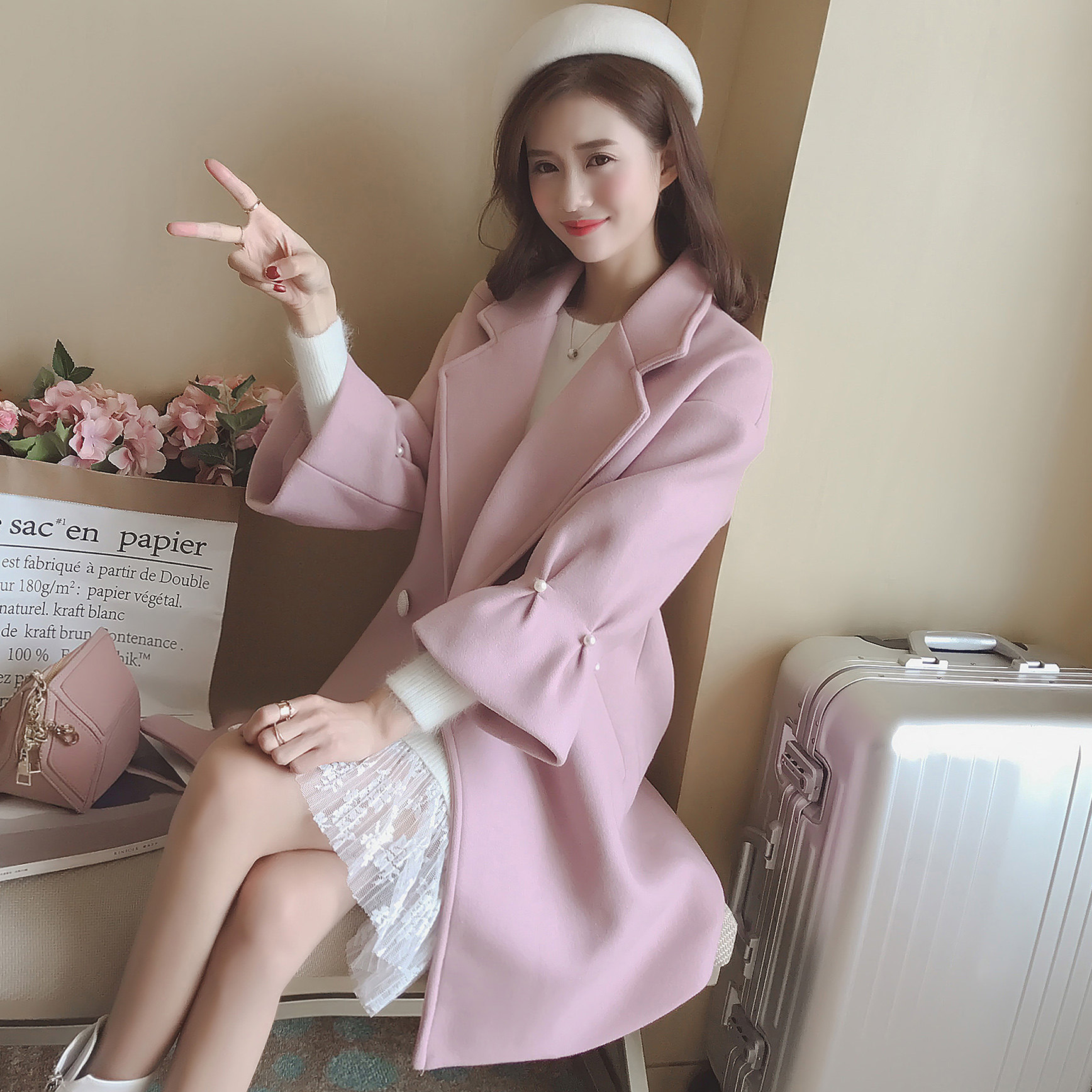 a4360-2017秋冬新款女装韩版翻领中长款毛呢大衣外套 1009