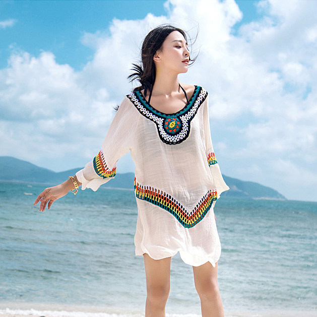 防晒服女刺绣披肩薄外套度假海边沙滩防晒衣女中长款蕾丝泳衣开衫