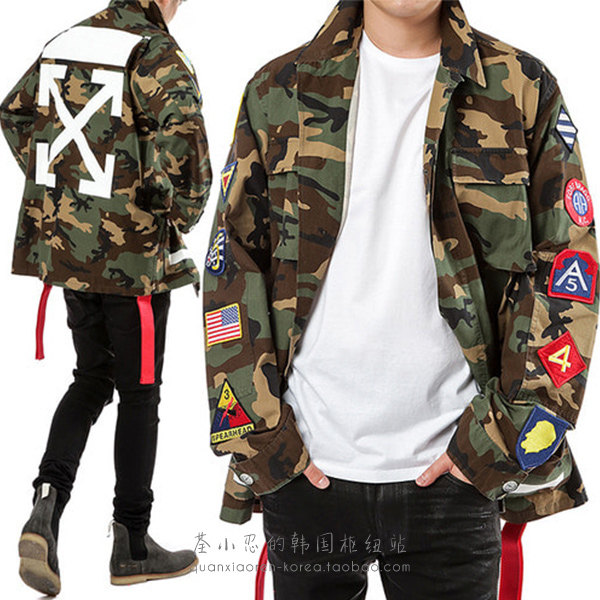 off white外套正品_off white代购 17fw新款男款短款迷彩徽章款外套