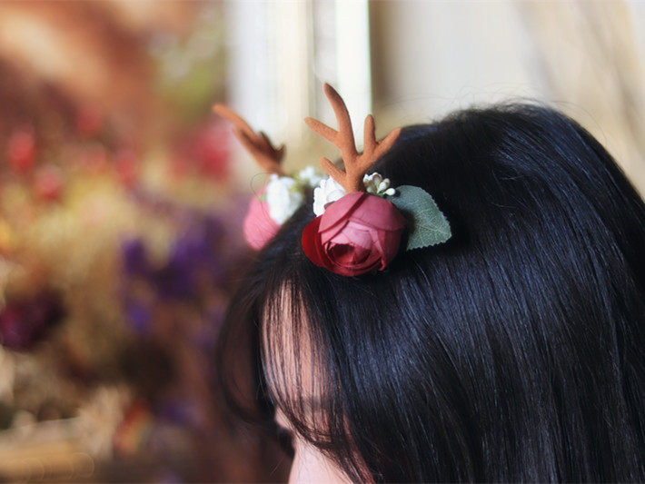 圣诞节头饰 发夹鹿角_森系女花朵鹿角发夹头饰 影楼写真道具圣诞节