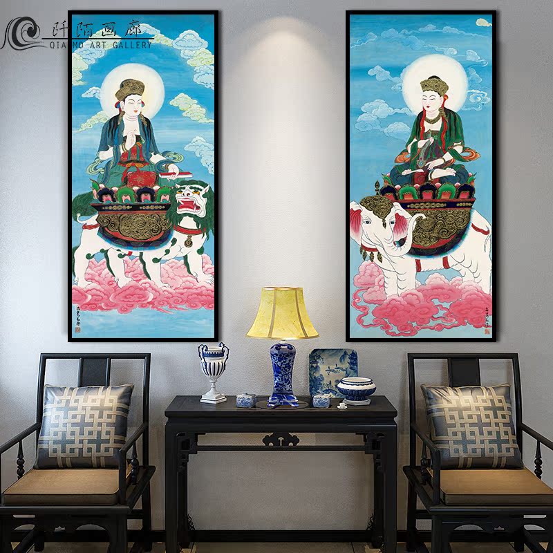 文殊普贤观音菩萨佛像装饰画中式佛教 客厅玄关办公室