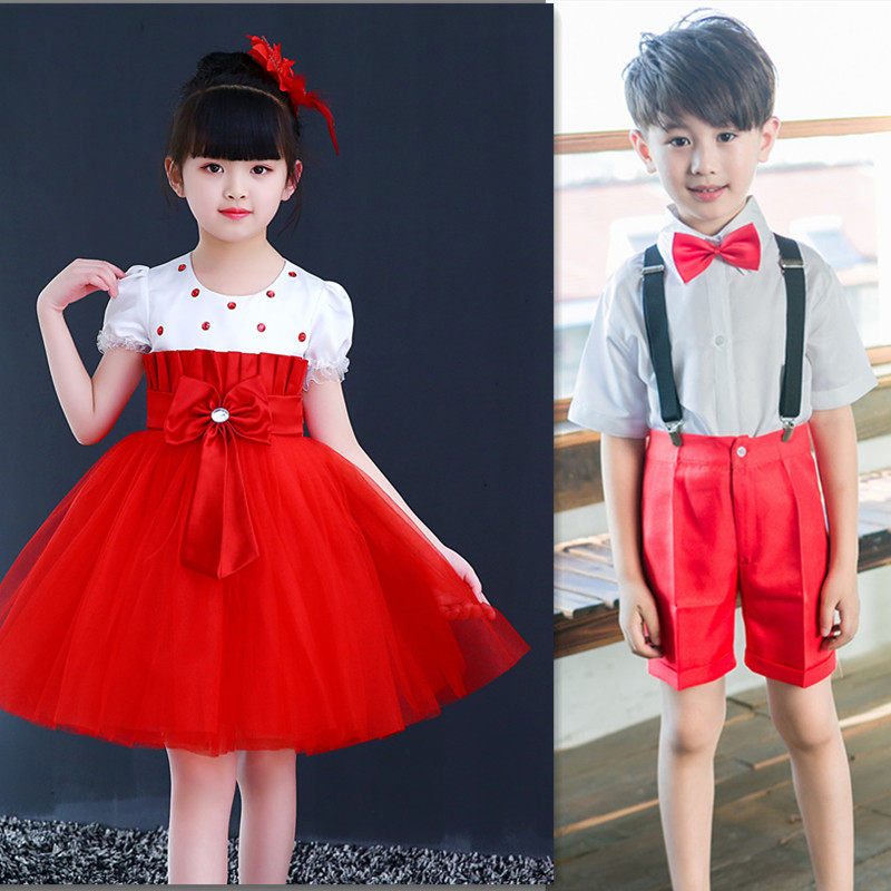 背带裤男生_小学生演出服女生公主裙男生背带裤红色短袖礼服舞台大