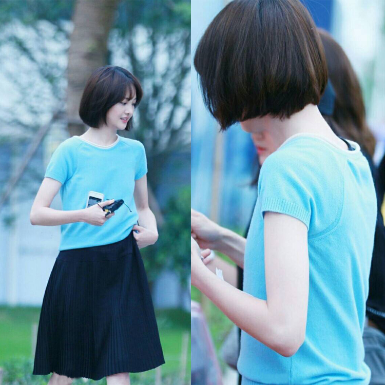 夏至未至立夏郑爽同款针织短袖半身百褶裙两件