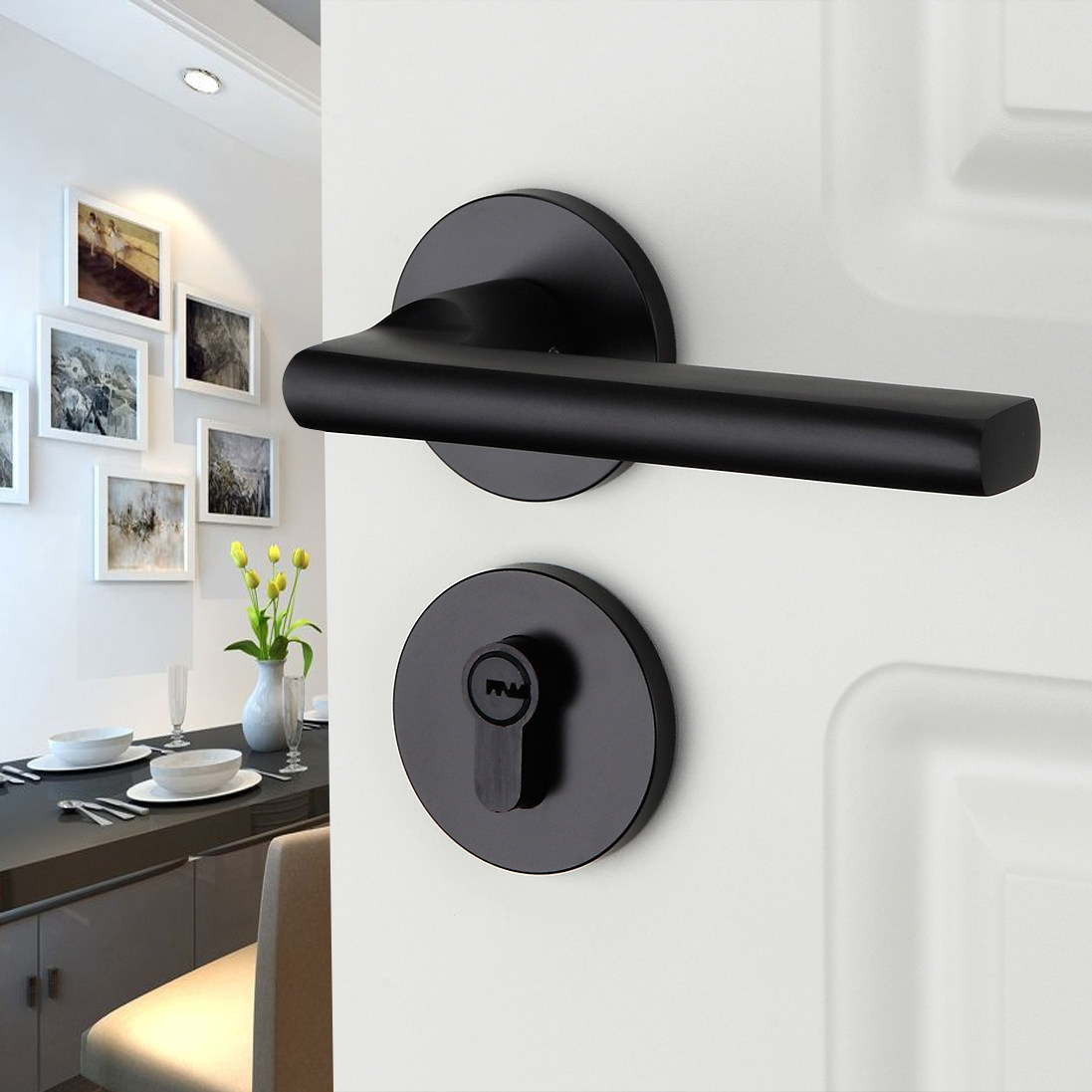 黑色磁吸静音家用卧室门把手锁北欧分体房门锁美式室内木门锁锁具