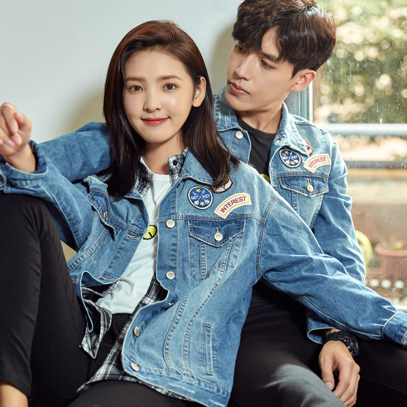 唐狮情侣牛仔外套2017秋装新款男女学生贴标牛仔夹克韩版帅气