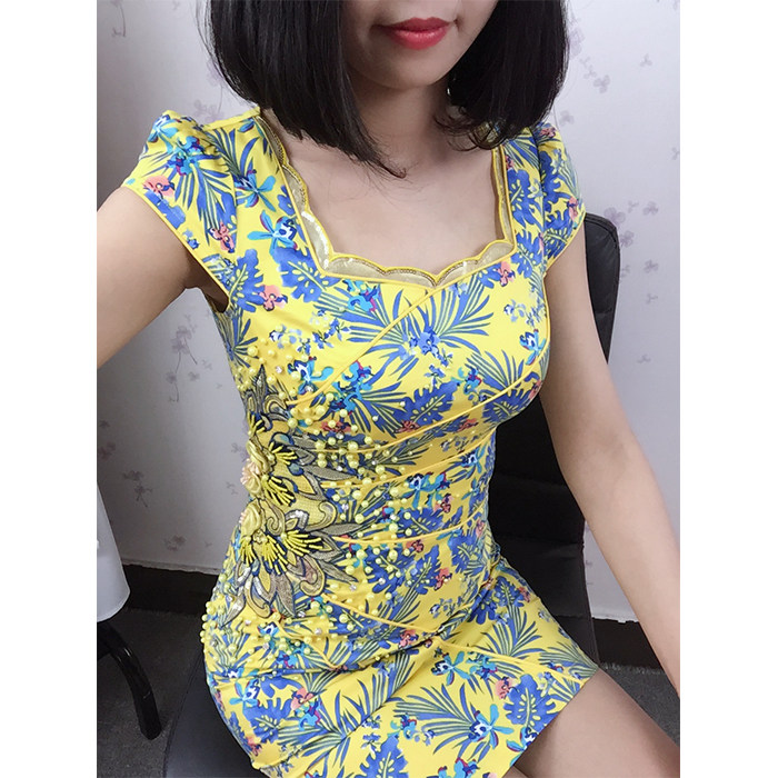 壹美佳人2017新款旗袍专柜时尚改良修身手工钉珠短款淑女连衣裙夏