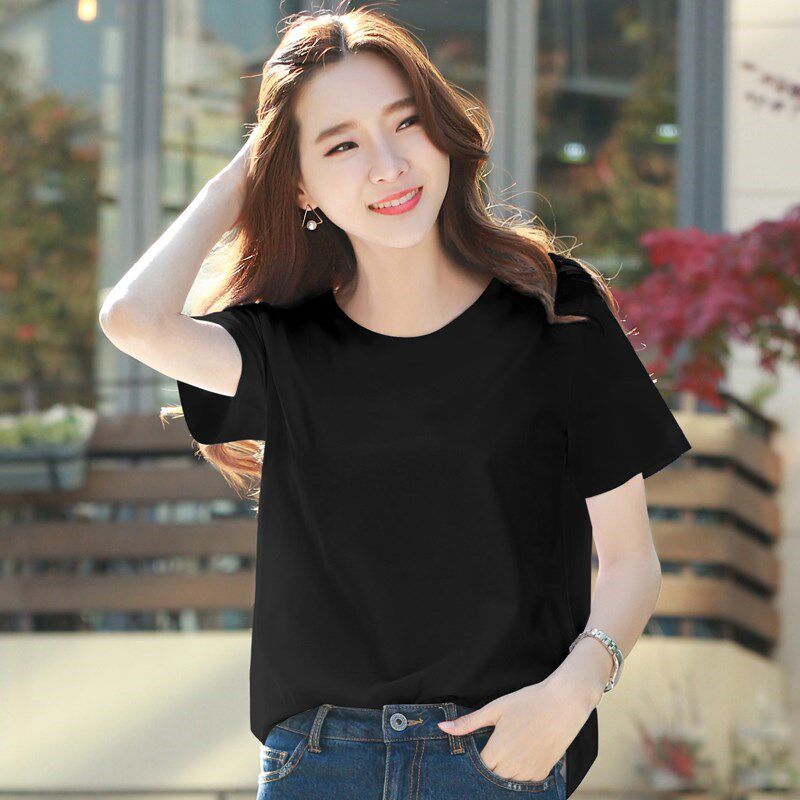 短袖女纯黑_短袖女2018新款夏季纯黑色t恤圆领宽松纯棉纯色百搭韩版