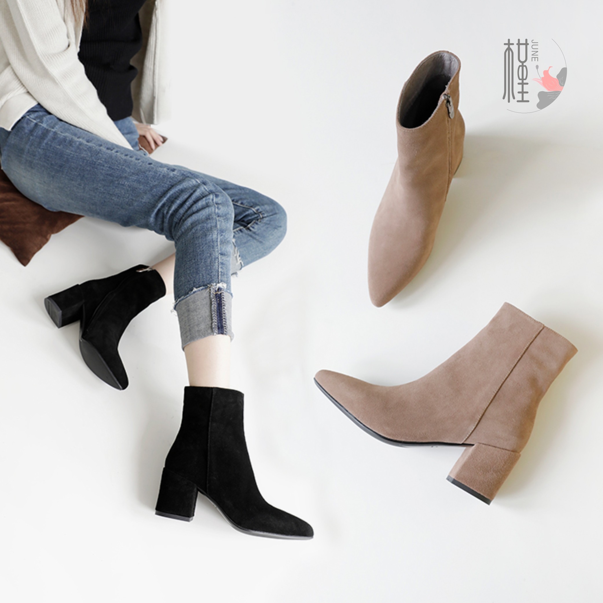 咖色皮鞋女尖头粗跟真皮中跟加绒翻毛皮短靴女2018新款冬季女鞋优惠券