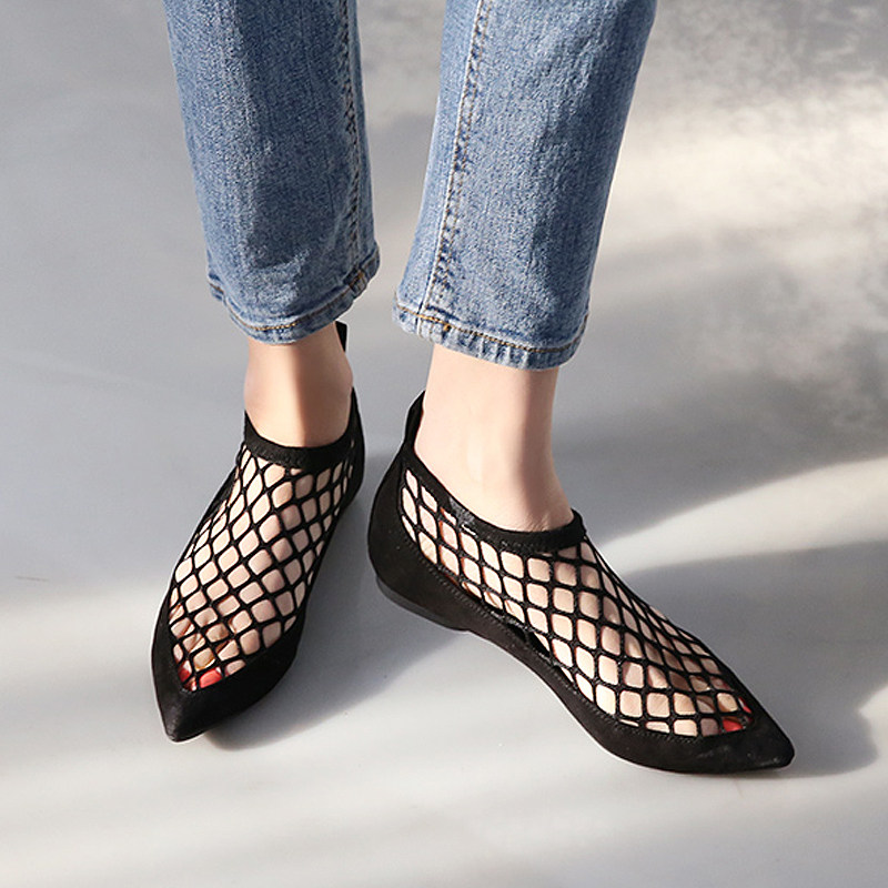 韩国东大门女鞋欧美时尚潮流个性网面拼接单鞋尖头鞋平底鞋渔网鞋