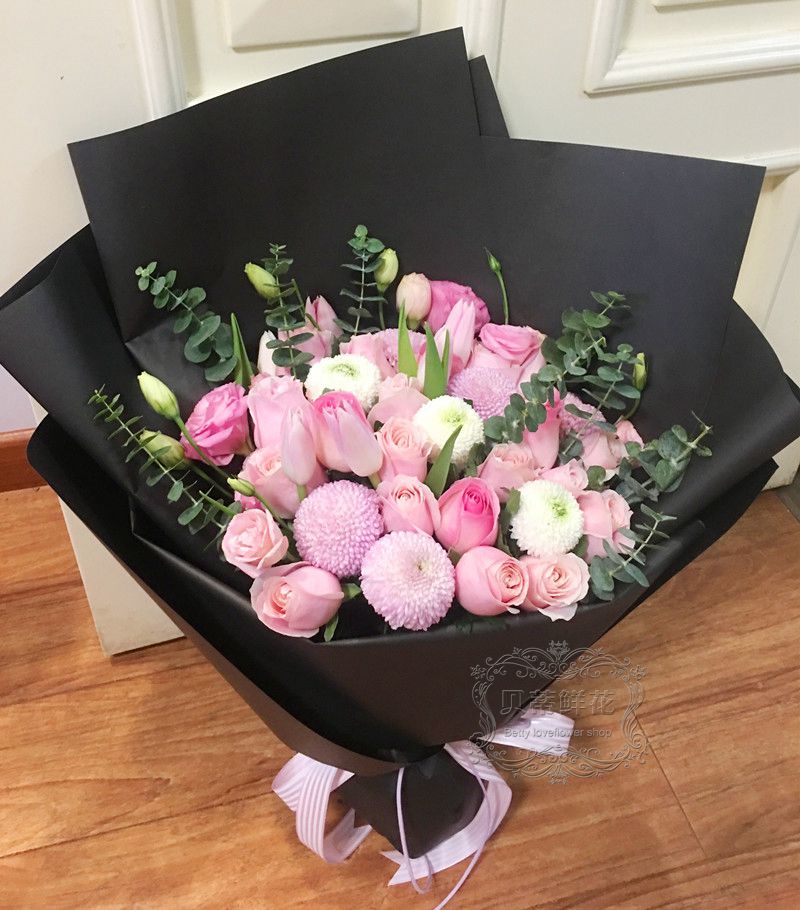 粉玫瑰进口郁金香混搭鲜花花束北京鲜花同城速递母亲节生日鲜花