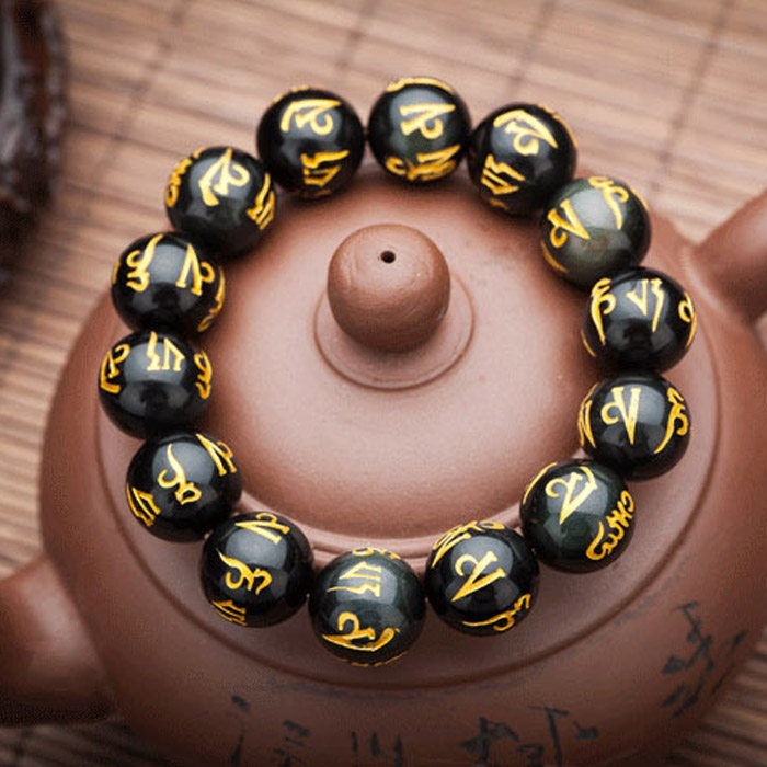 六字真言转运珠 男士_辟邪天然水晶黑曜石招财转运六字真言佛珠烫金