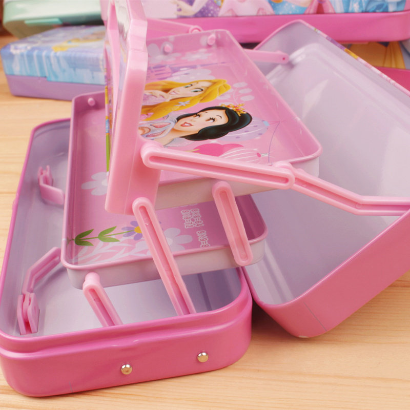 儿童文具盒女孩三层铁公主铅笔盒多层多功能大容量小学生韩国创意