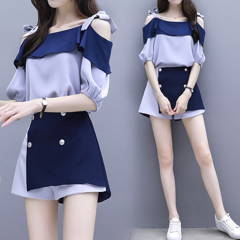 包邮 小个子套装女夏2018新款洋气上衣短裤一字肩两件套时尚夏季裙裤