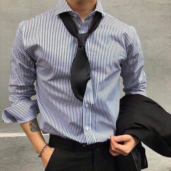 md/黑白条纹男宽松休闲百搭衬衫韩国东大门方领商务衬衫男潮
