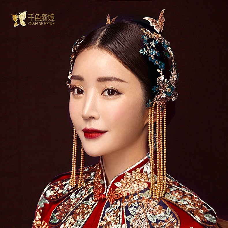 千色新娘头饰新款中式古装蓝色蝴蝶流苏发饰