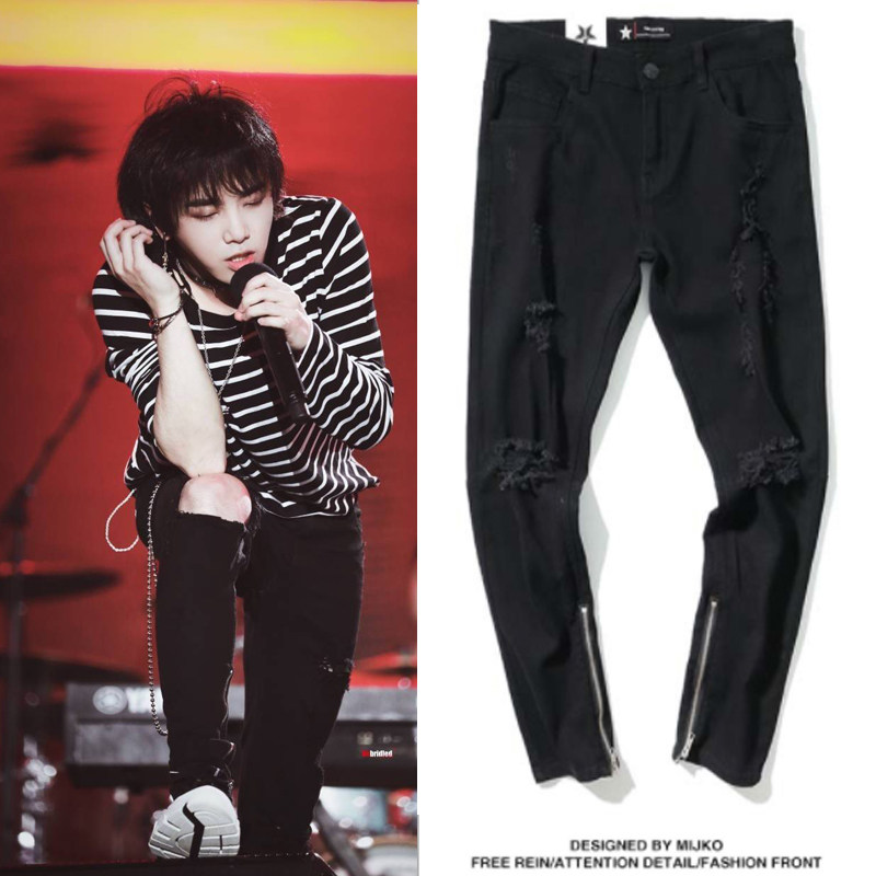 情侣破洞裤_华晨宇音乐节同款裤子牛仔高腰显瘦黑色破洞侧拉链男女