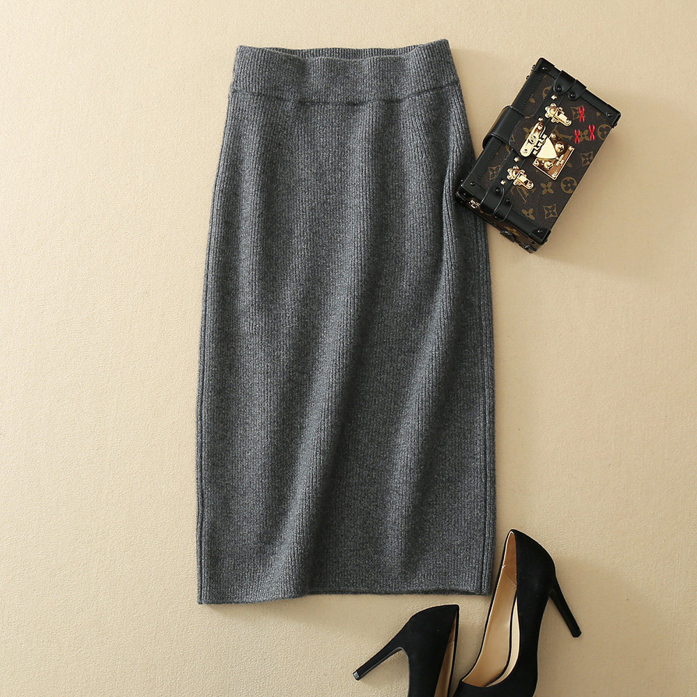 秋冬款100%纯羊毛毛线半裙针织裙加厚半身裙女包臀裙中长款羊毛裙