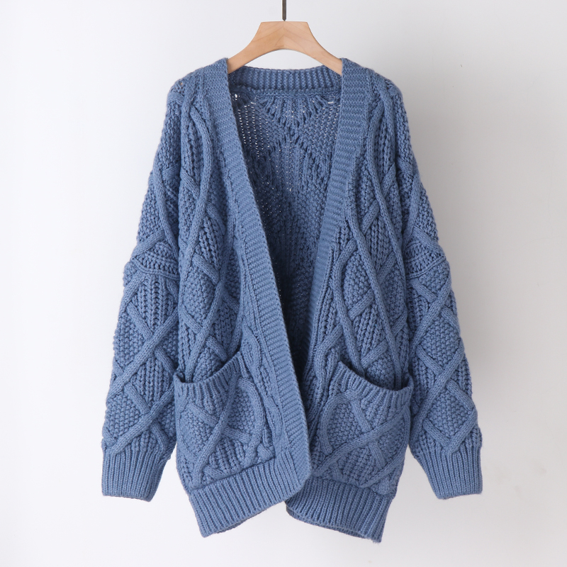 厚毛衣开衫女 中长款_原宿风棒针粗线毛衣女开衫中长款宽松韩版立体
