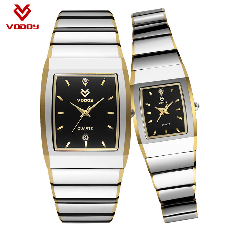 钨钢情侣手表 一对_vodoy方形情侣手表钨钢男女对表时尚石英表防水
