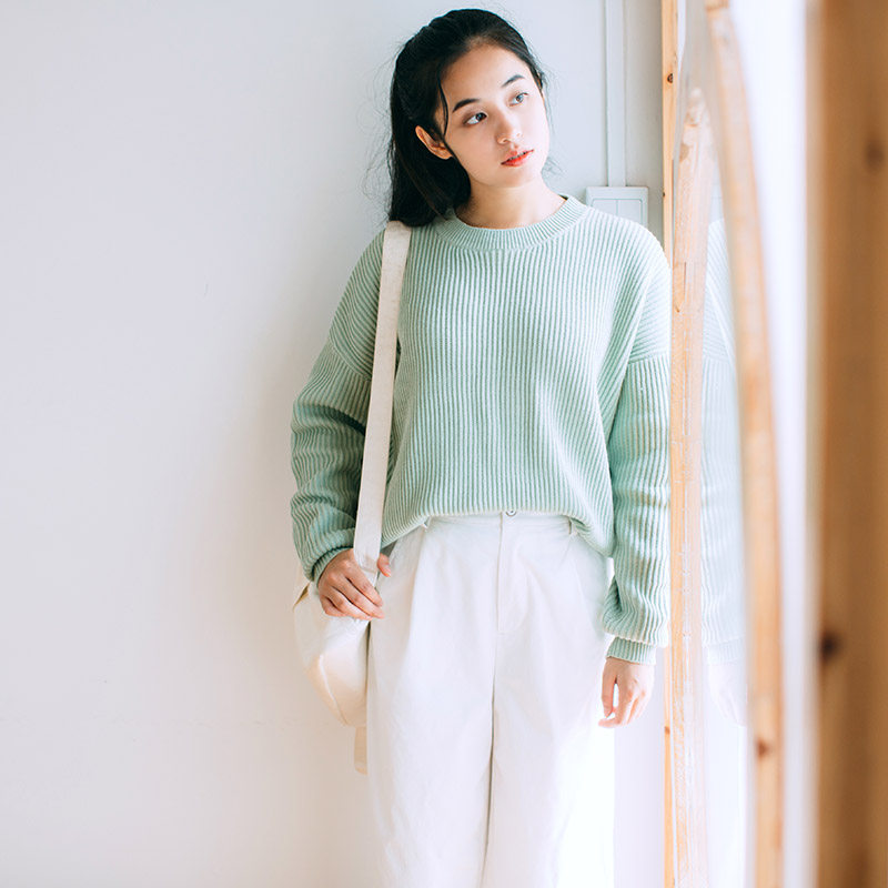 第九片海 日系小清新豆绿色针织衫 宽松长袖小圆领上衣