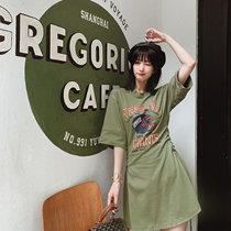 杨泡泡 牛油果绿连衣裙女2019夏新款网红复古抹茶绿收腰气质T恤裙