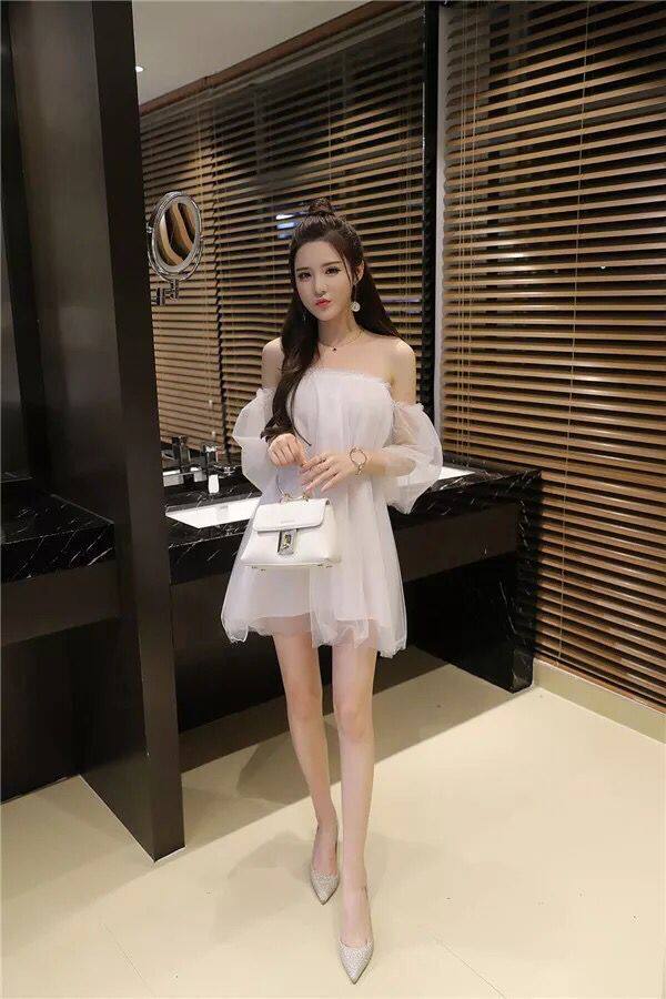 一字领 露肩 连衣裙 短裙