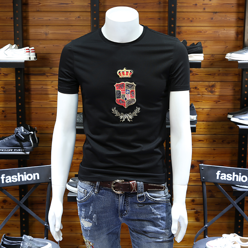 欧洲站男装潮半恤夏季短t恤圆领修身皇冠刺绣丝光棉百搭休闲上衣
