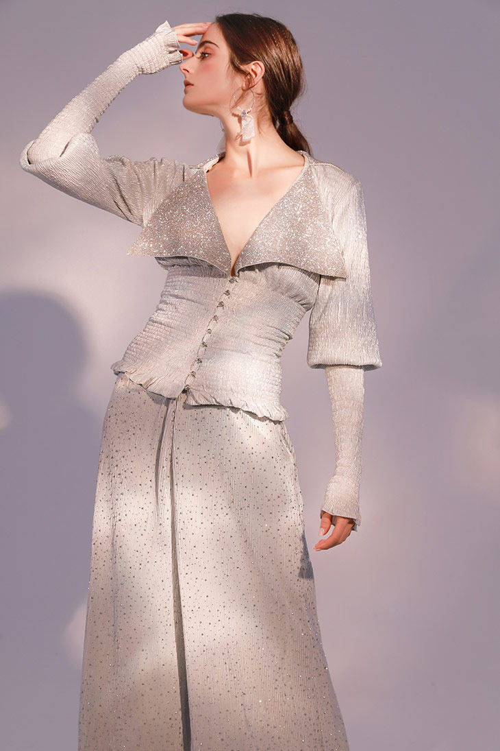 wardrobesbychen陈羽希2017aw烫钻收腰抽褶外套高腰裤高跟鞋套装