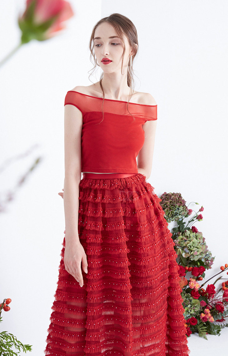 wardrobes by chen陈羽希2017早秋系列弹力一字肩上衣半裙套装