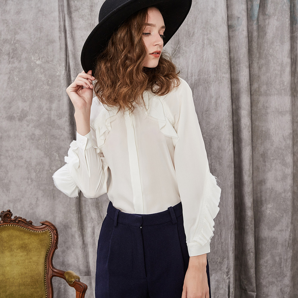 三色荷叶边装饰立领插肩袖衬衫