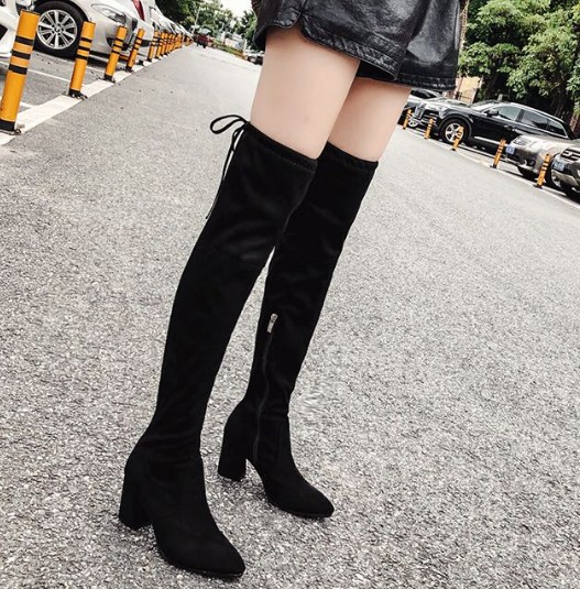 长靴女高跟粗跟 百搭_过膝长靴女高跟鞋冬季韩版尖头粗跟百搭性感黑色
