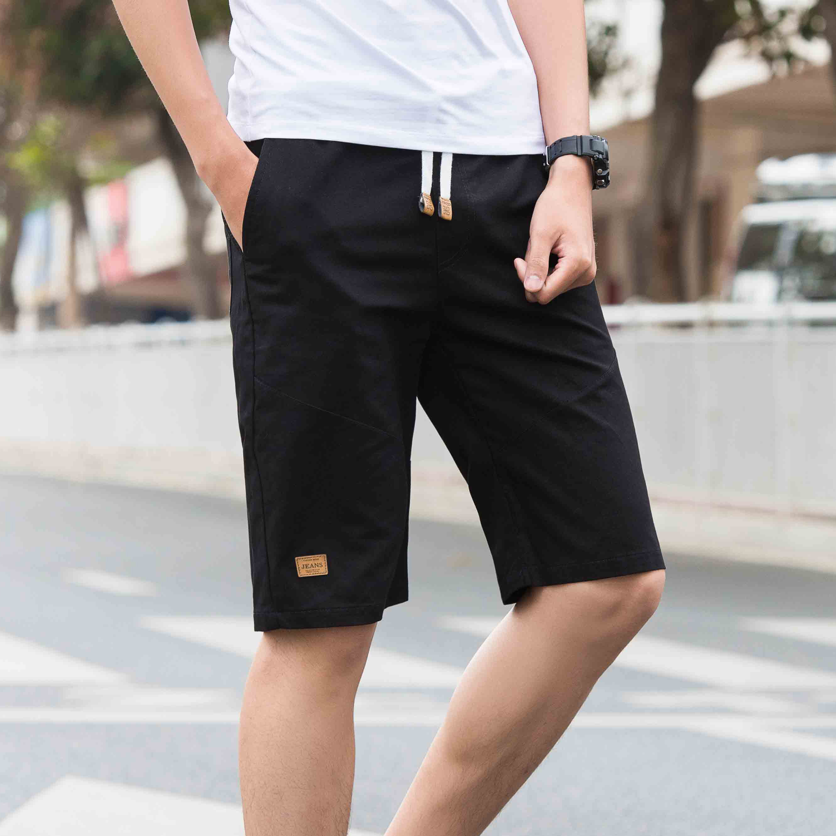 黑色短裤布_短裤男夏季纯棉运动七分裤休大码韩版潮流男士宽松沙滩裤